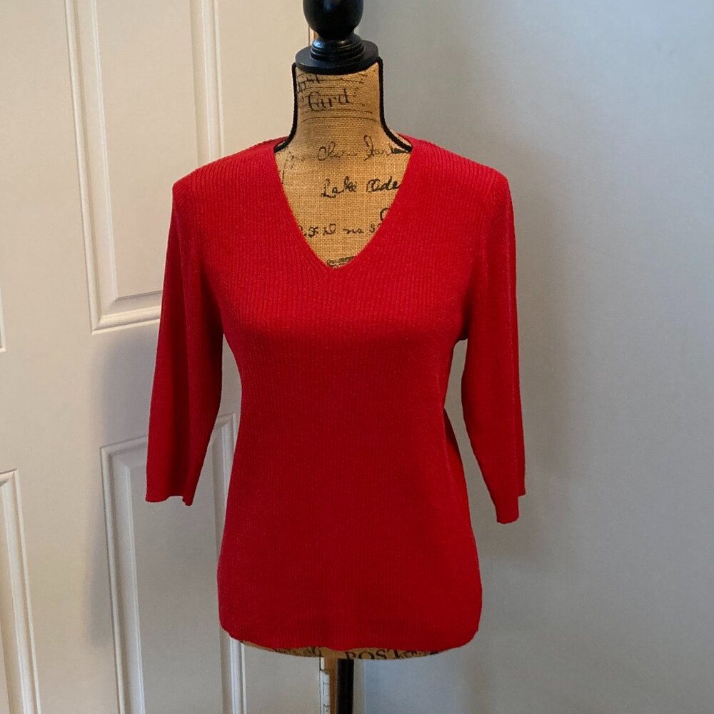Venezia Jeans Clothing Co. Red Ribbed V Neck Sweater 3/4 Sleeve Women Size M~EUC